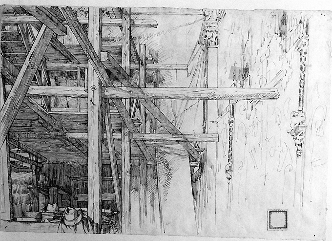 interno di edificio con travature (disegno) di Seitz Alessandro Massimiliano (terzo quarto sec. XIX)