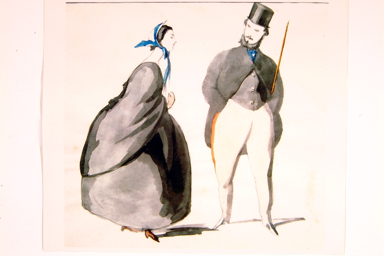 uomo con cilindro e donna con foulard azzurro (disegno) - ambito francese (terzo quarto sec. XIX)