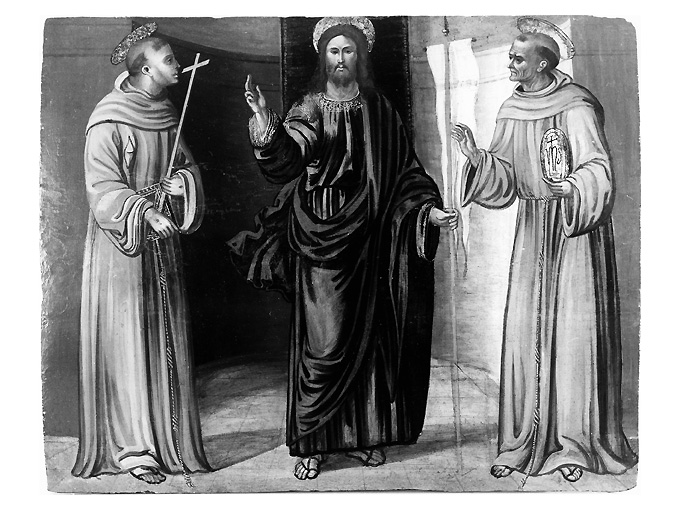 Gesù Redentore tra san Francesco d'Assisi e san Bernardino da Siena (dipinto) di Bizamano Donato (bottega) (sec. XVI)