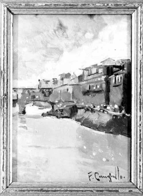 veduta dell'Arno con Ponte Vecchio (dipinto) di Cangiullo Francesco (sec. XX)