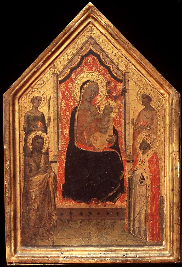 Madonna con Bambino, Santi, Cristo crocifisso, Leggenda dei tre vivi e dei tre morti (dittico) di Daddi Bernardo (sec. XIV)