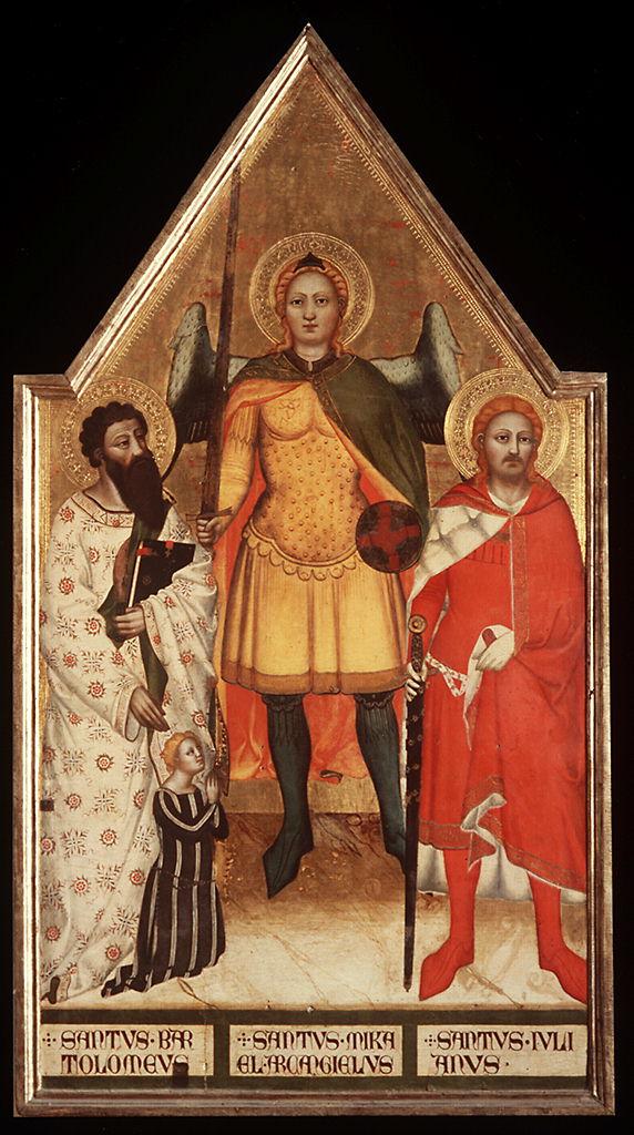 San Michele Arcangelo tra San Bartolomeo e San Giuliano l'Ospitaliere con donatrice (dipinto) di Matteo di Pacino (sec. XIV)