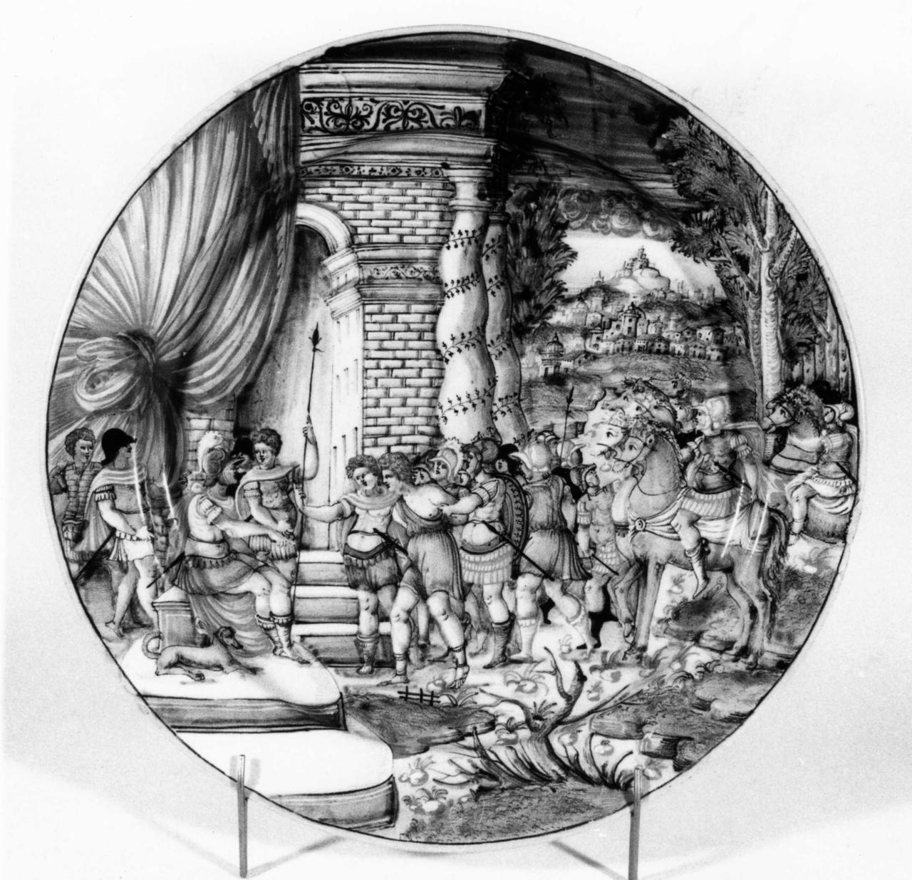 Sinone e Priamo (piatto) di Andrea da Negroponte (bottega) - manifattura durantina (metà sec. XVI)