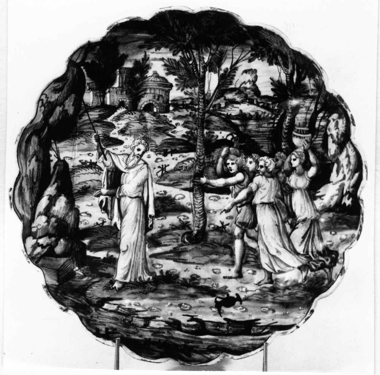 Mosè fa scaturire l'acqua dalla roccia (coppa - umbonata e baccellata ("crespina")) di Fontana Orazio (bottega) - manifattura urbinate (terzo quarto sec. XVI)