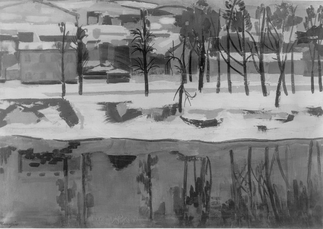 Paesaggio invernale, paesaggio fluviale (dipinto) di Menzio Francesco (sec. XX)