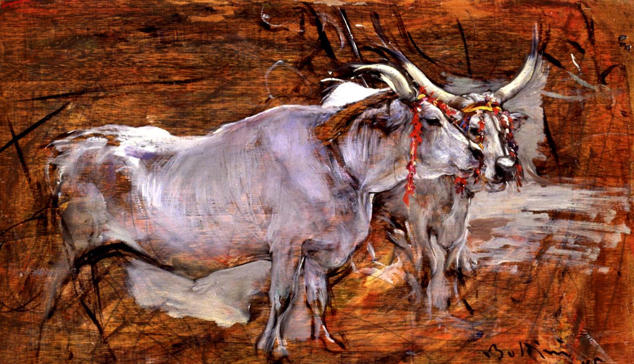 Bovi, animali (dipinto) di Boldini Giovanni (sec. XIX)