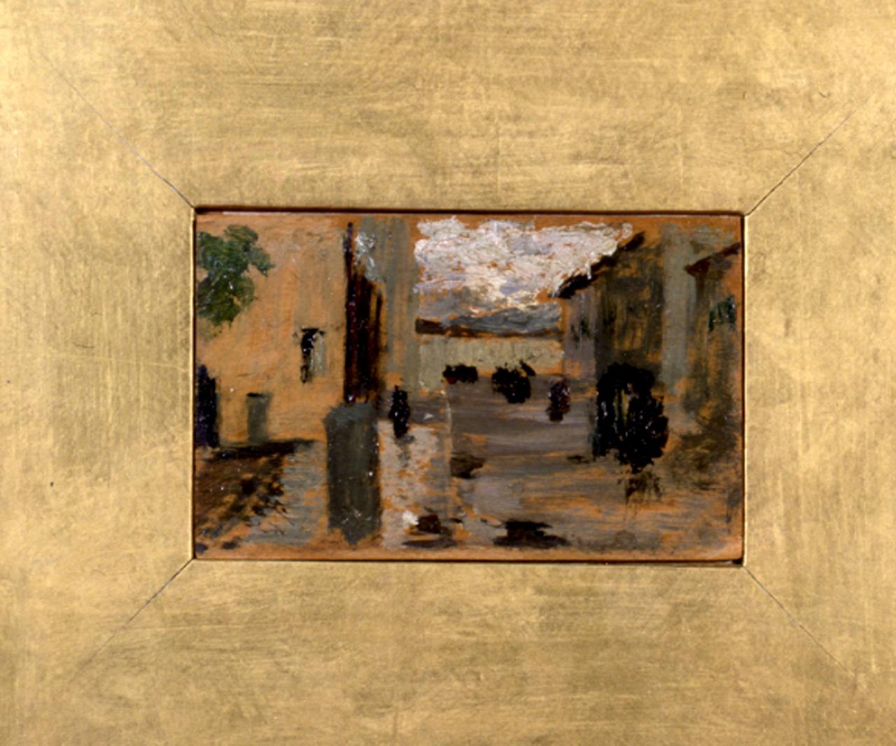 Una strada col tempo piovoso, veduta di strada (dipinto) di Fattori Giovanni (sec. XIX)