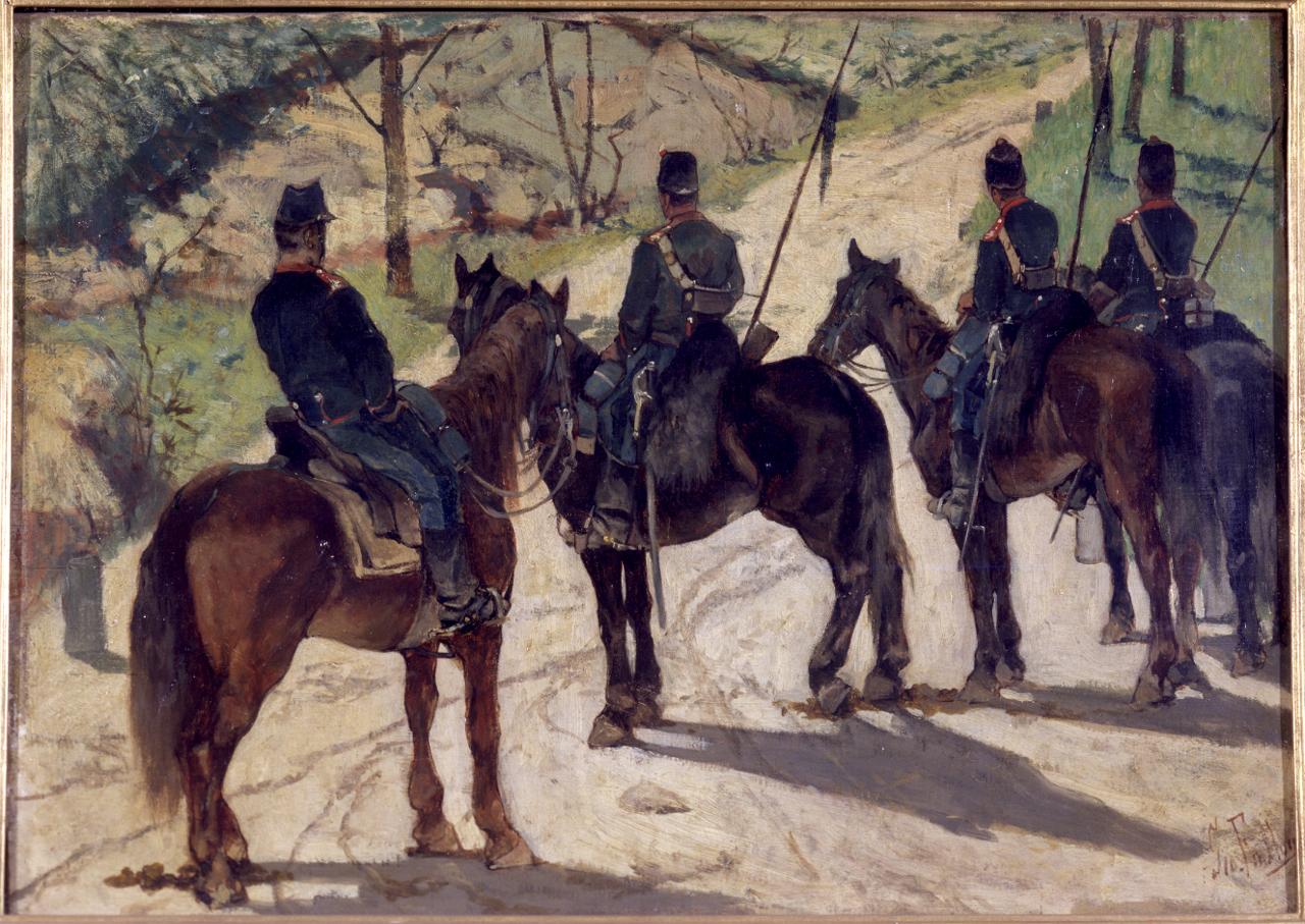Cavalleggeri in avanscoperta, scena di vita militare (dipinto) di Fattori Giovanni (sec. XIX)