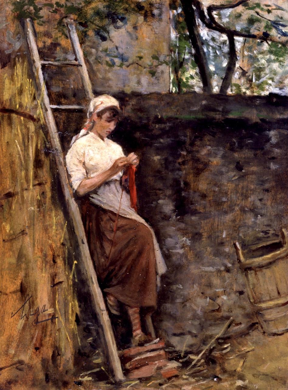 Contadinella sulla scala, figura femminile che cuce (dipinto) di Lega Silvestro (sec. XIX)