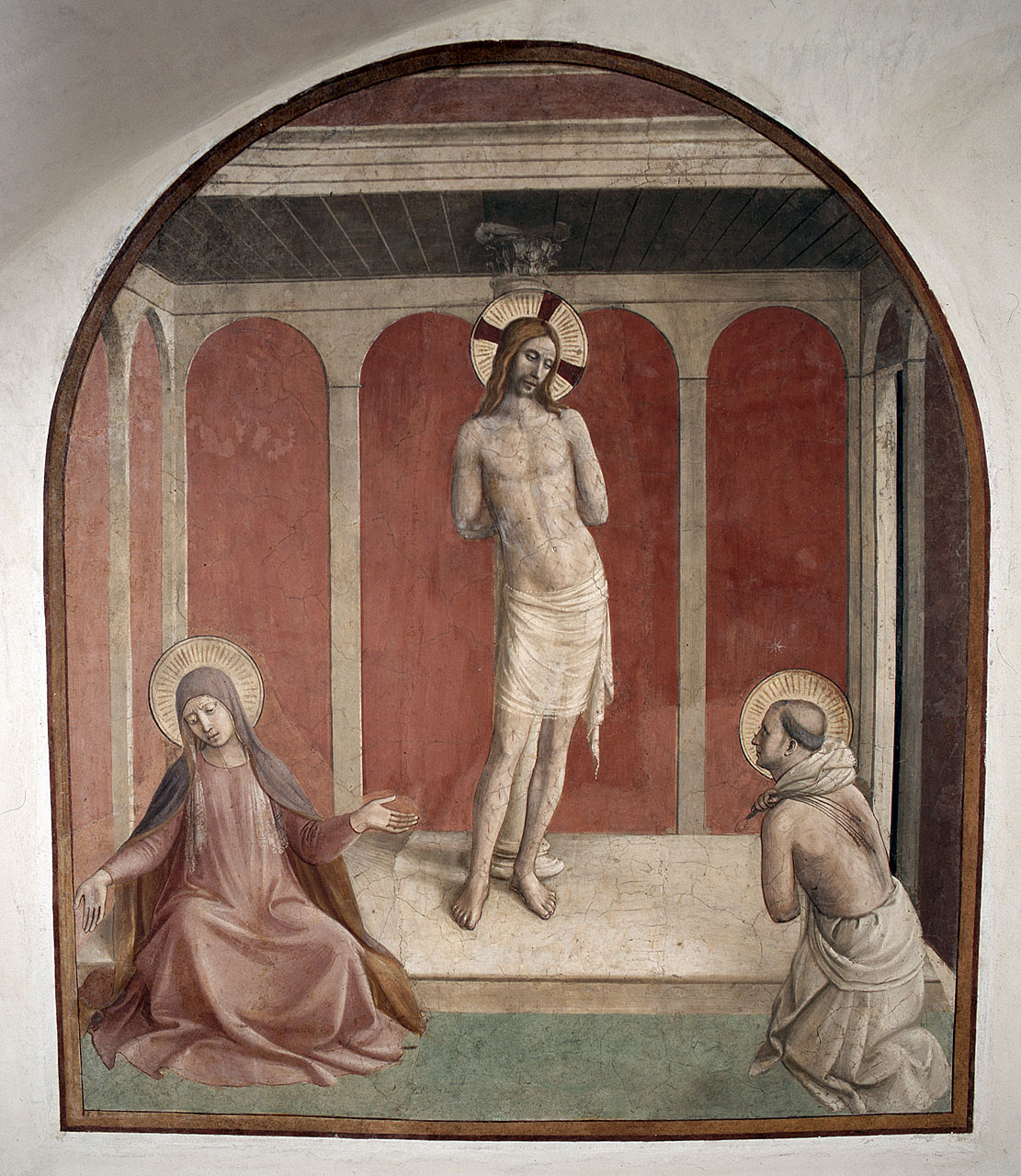 Cristo alla colonna, Madonna, San Domenico in atto di disciplinarsi (dipinto) di Giovanni da Fiesole detto Beato Angelico (e aiuti) (sec. XV)
