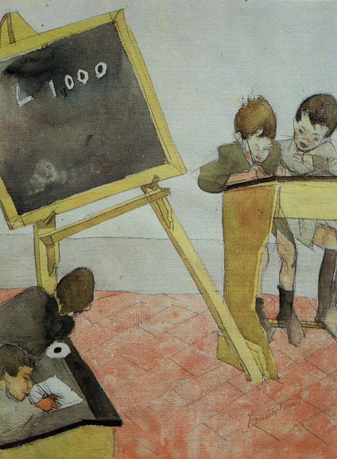 In classe, BAMBINI SEDUTI AD UN BANCO DI SCUOLA (dipinto) di Viani Lorenzo (sec. XX)
