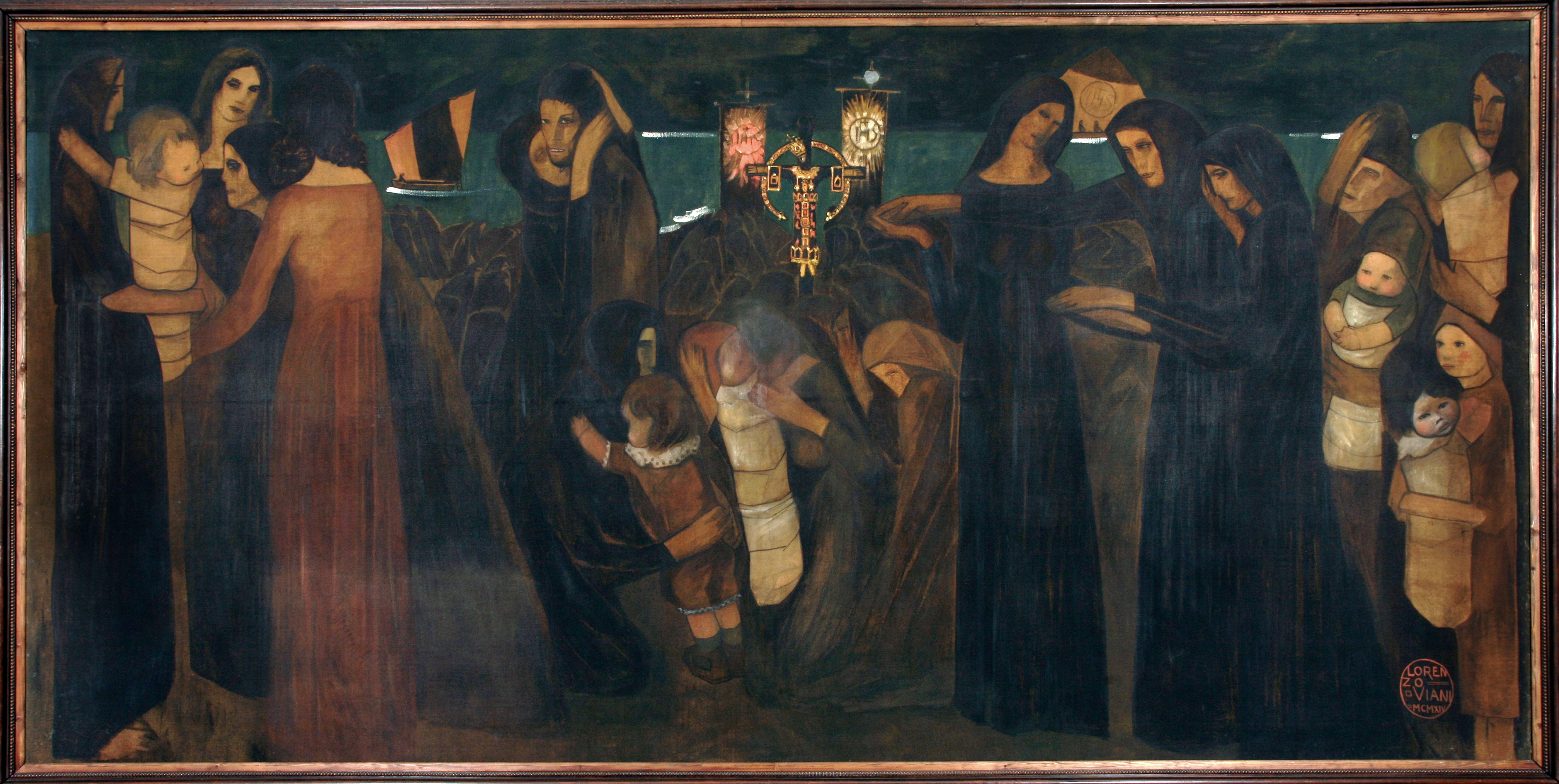 Benedizione dei morti nel mare, CORTEO DI DONNE E BAMBINI DOLENTI (dipinto) di Viani Lorenzo (sec. XX)