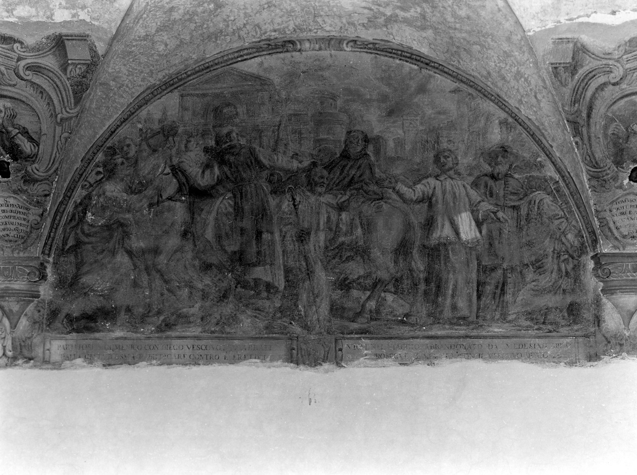 San Domenico e il vescovo Diego vanno incontro agli eretici (dipinto) di Ulivelli Cosimo (secc. XVII/ XVIII)