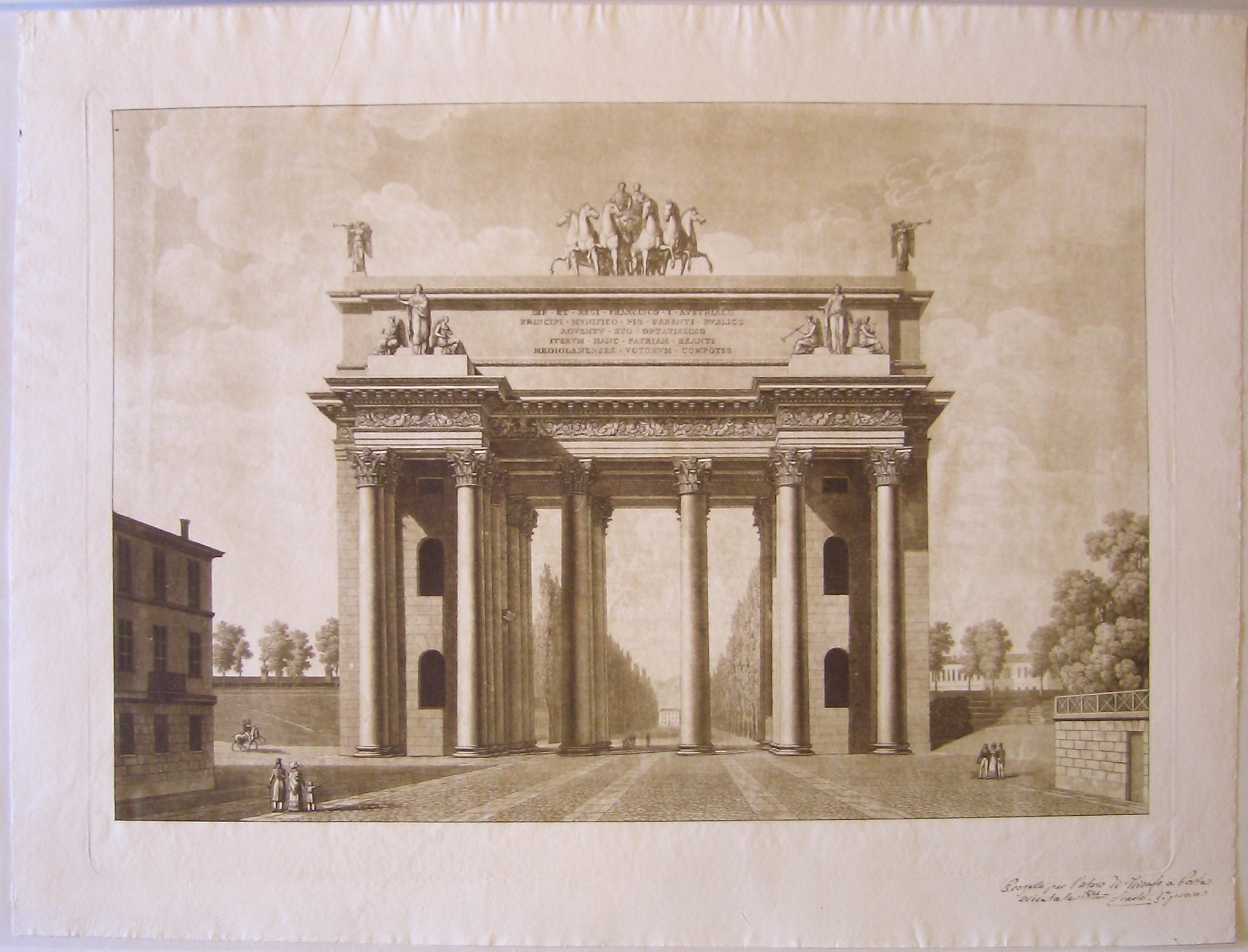 Progetto per l'atrio di trionfo a porta Orientale 1825, veduta prospettica dell'arco provvisorio a porta Orientale a Milano (prima variante) (stampa) di Cagnola Luigi (sec. XIX)