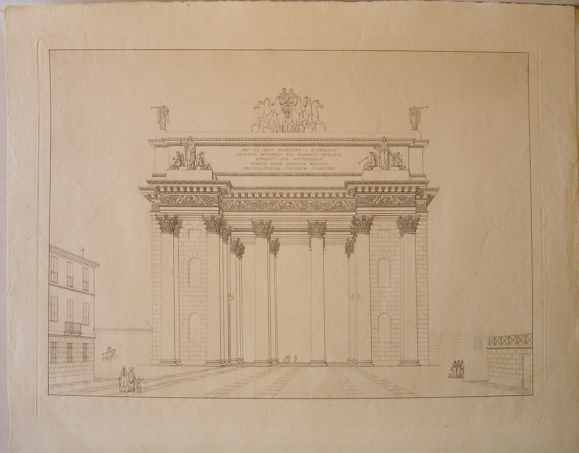 veduta prospettica dell'arco provvisorio a porta Orientale a Milano (prima variante) (stampa) di Cagnola Luigi (sec. XIX)