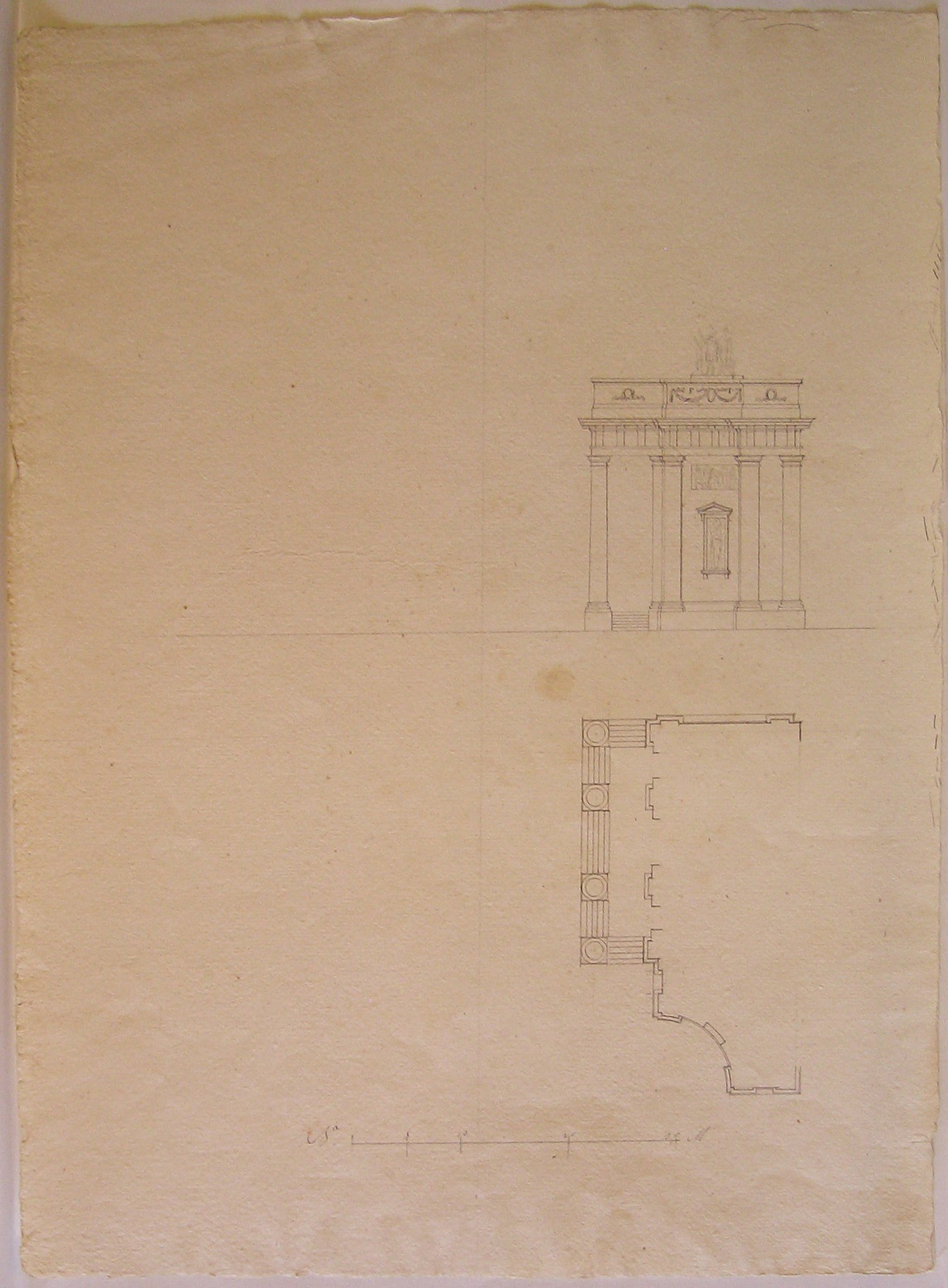 progetto architettonico: barriera di porta Orientale a Milano - prospetto del fianco e pianta di un casello (completamento ideale sul progetto del Piermarini) (disegno architettonico) di Cagnola Luigi (attribuito) (sec. XVIII)