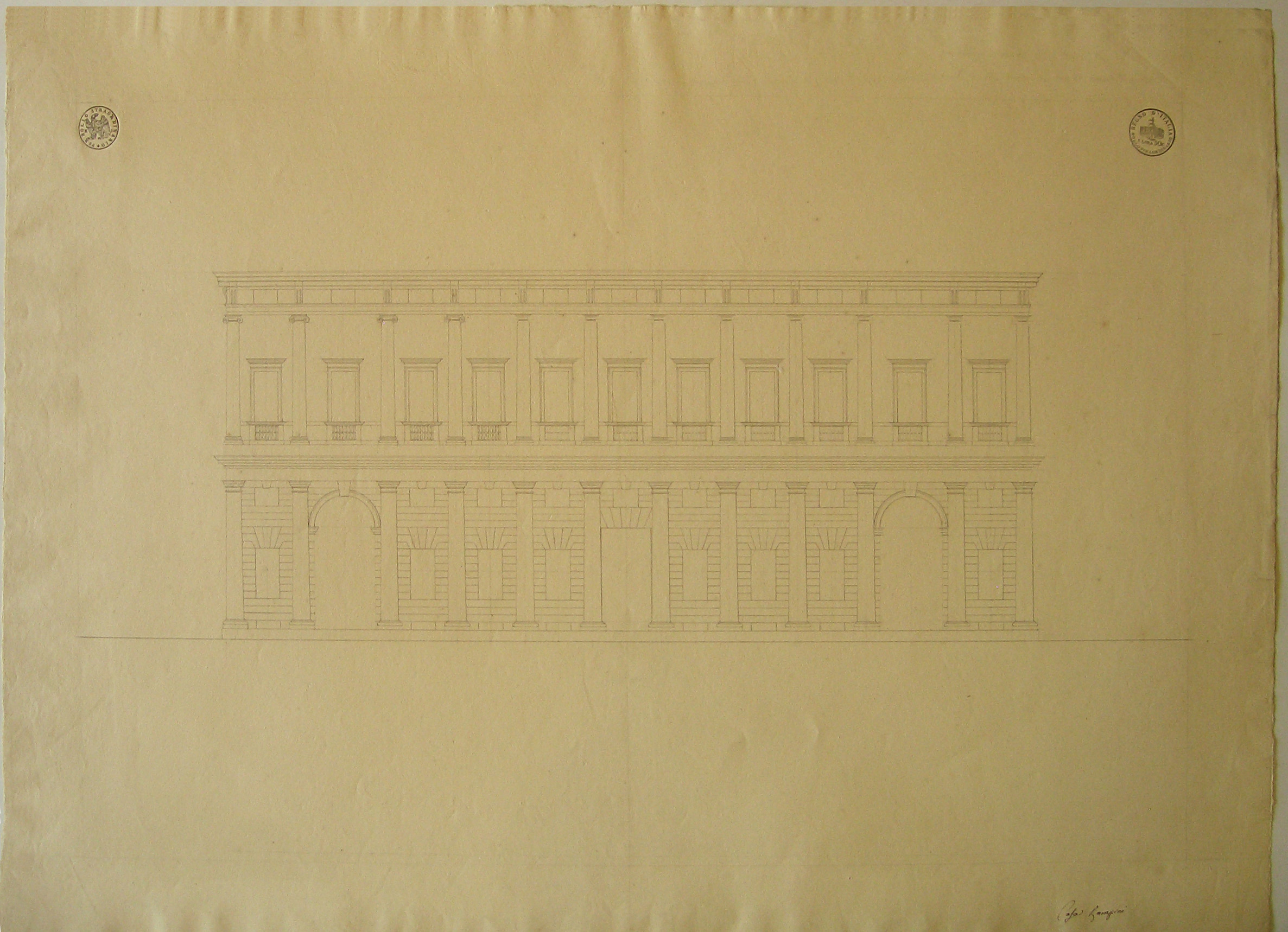 Casa Rampini, progetto architettonico: facciata di palazzo Rampini a Milano - prospetto della facciata (prima variante) (disegno architettonico) di Cagnola Luigi (sec. XIX)