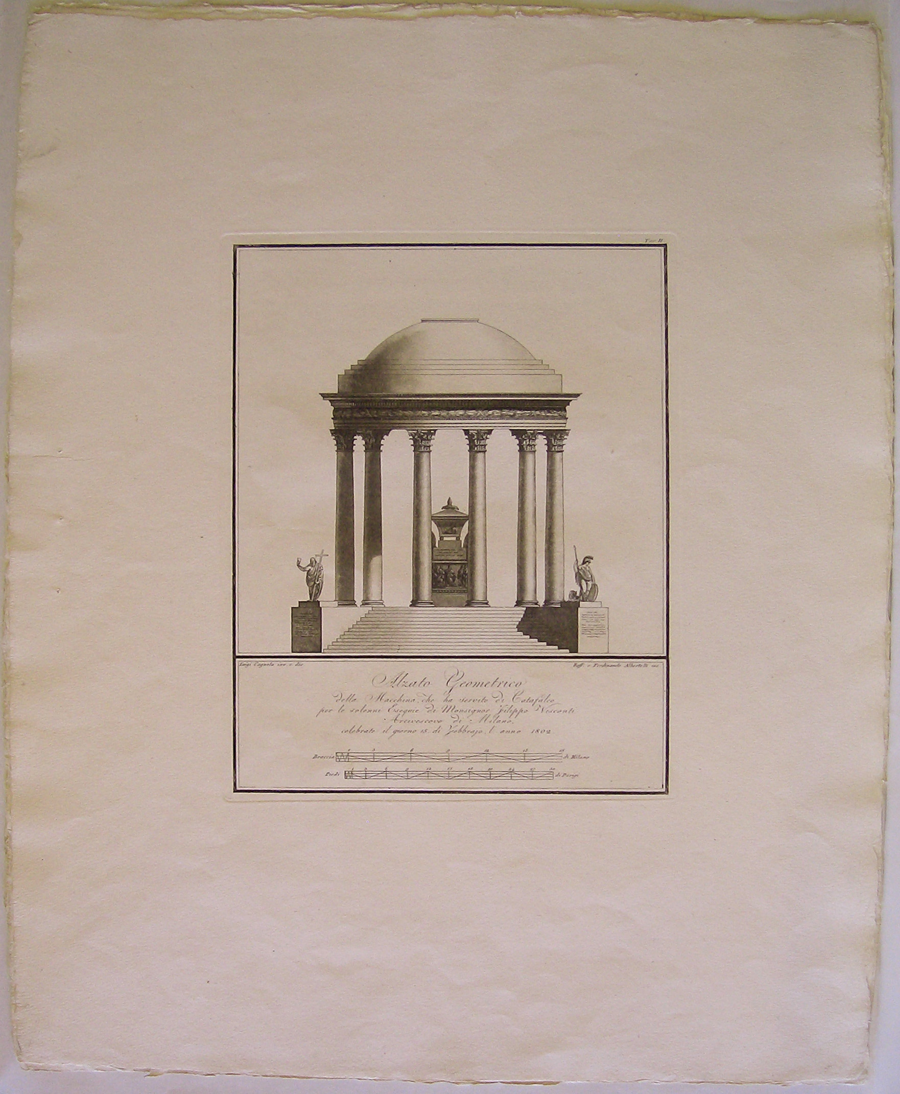 Alzato geometrico della Macchina che ha servito da Catafalco, Progetto architettonico: Catafalco di Monsignor Visconti a Milano - Prospetto del fronte (stampa) di Cagnola Luigi (attribuito), Albertolli Ferdinando (attribuito), Albertolli Raffaele (attribuito) (sec. XIX)