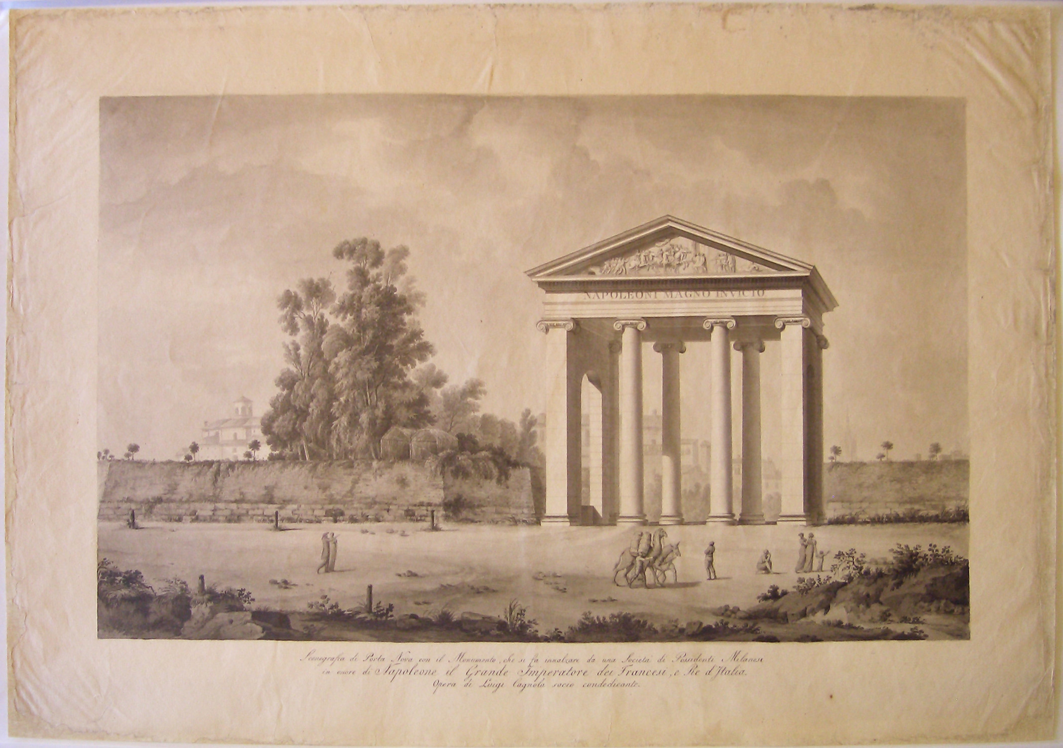 Scenografia di Porta Nova con il Monumento, Progetto architettonico: Arco di Porta Nuova a Milano - Veduta prospettica (seconda variante) (disegno architettonico, opera isolata) di Cagnola Luigi (attribuito) (sec. XIX)