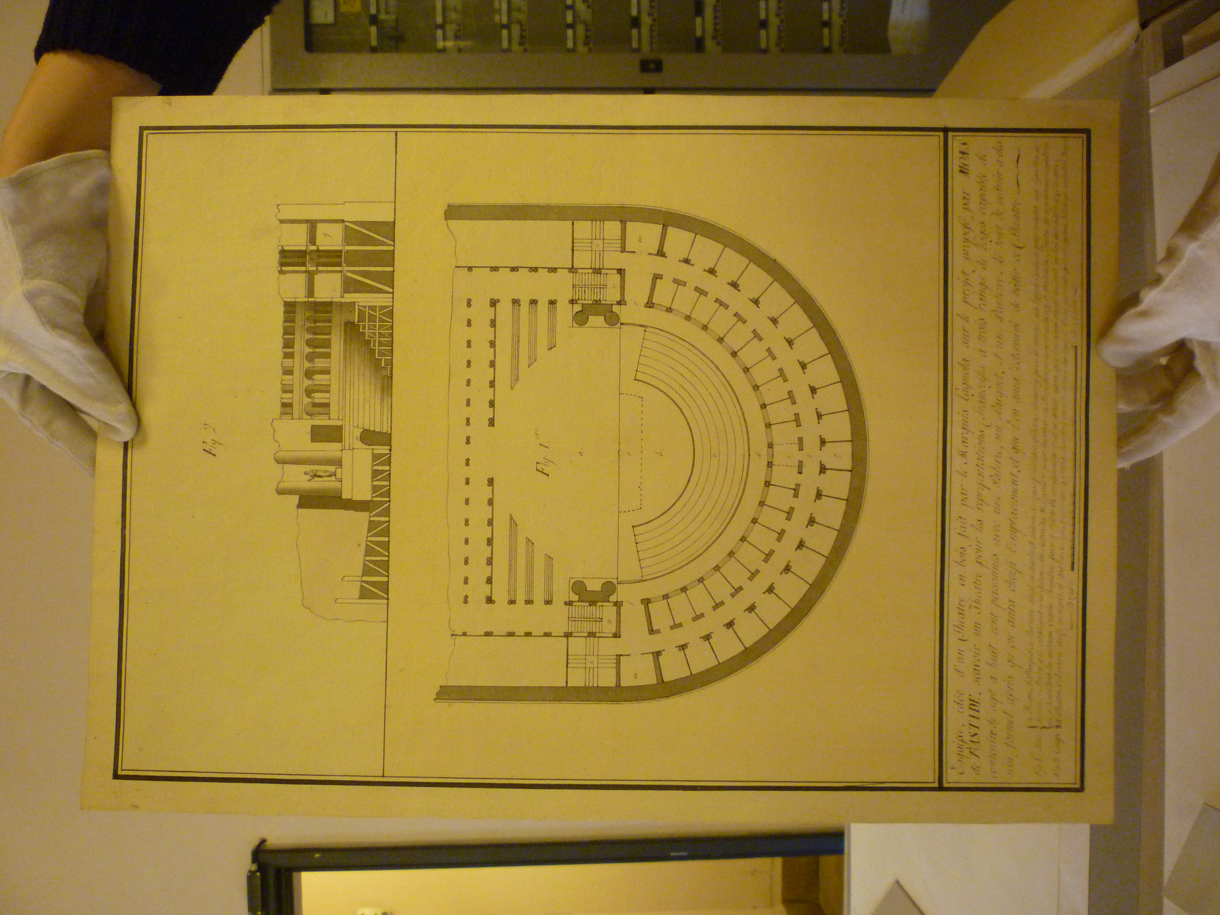 Esquisse, idde d'un Theatre en bois fait par le Marqui Cagnola, Progetto architettonico: Teatro - Pianta e sezione (disegno architettonico, opera isolata) di Cagnola Luigi (attribuito) (inizio/ inizio sec. XIX)