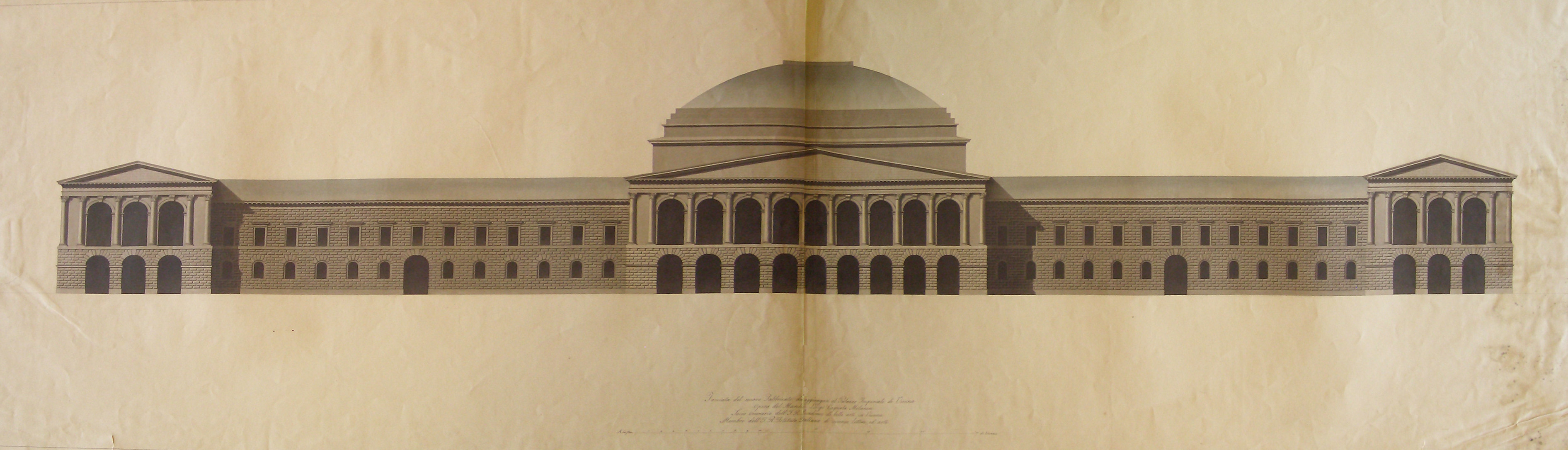 Facciata del nuovo Fabbricato da aggiungersi al Palazzo Imperiale di Vienna, Progetto architettonico: Hofburgh a Vienna - Prospetto della facciata (seconda variante) (disegno architettonico, opera isolata) di Cagnola Luigi (attribuito) (sec. XIX)