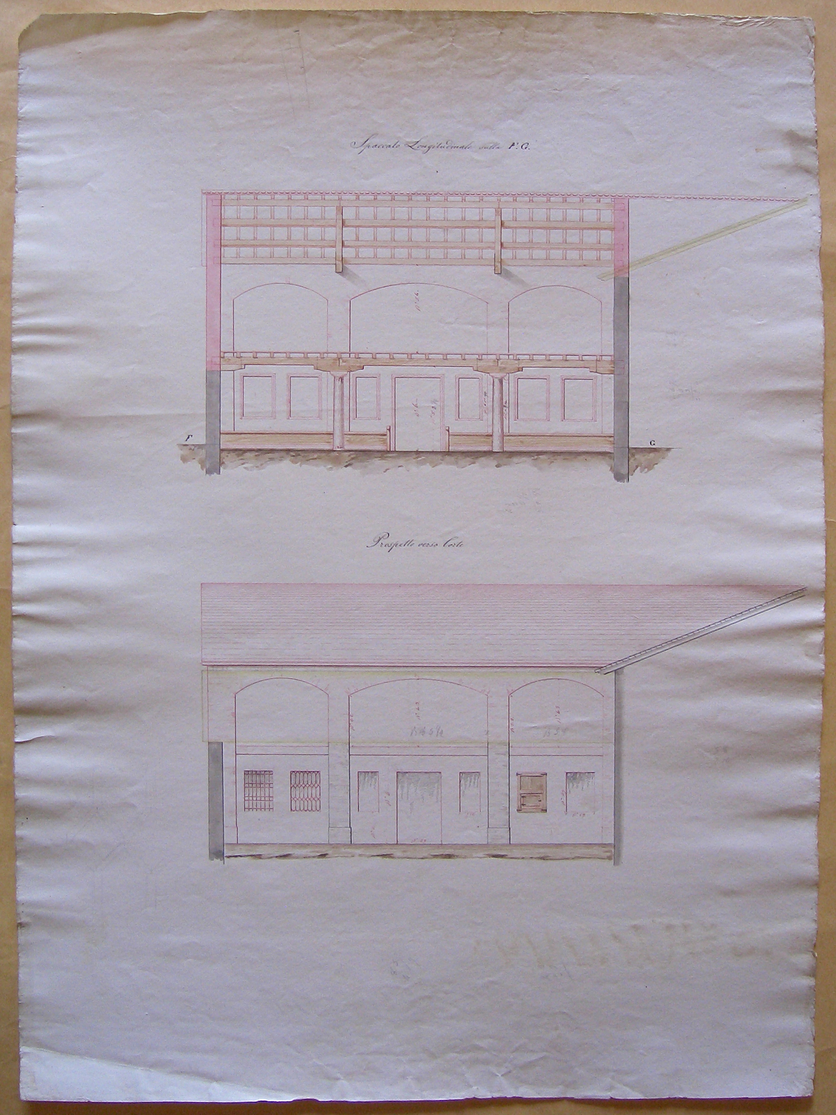 progetto architettonico: prospetto e sezione longitudinale di edificio (disegno architettonico) - ambito italiano (prima metà sec. XIX)