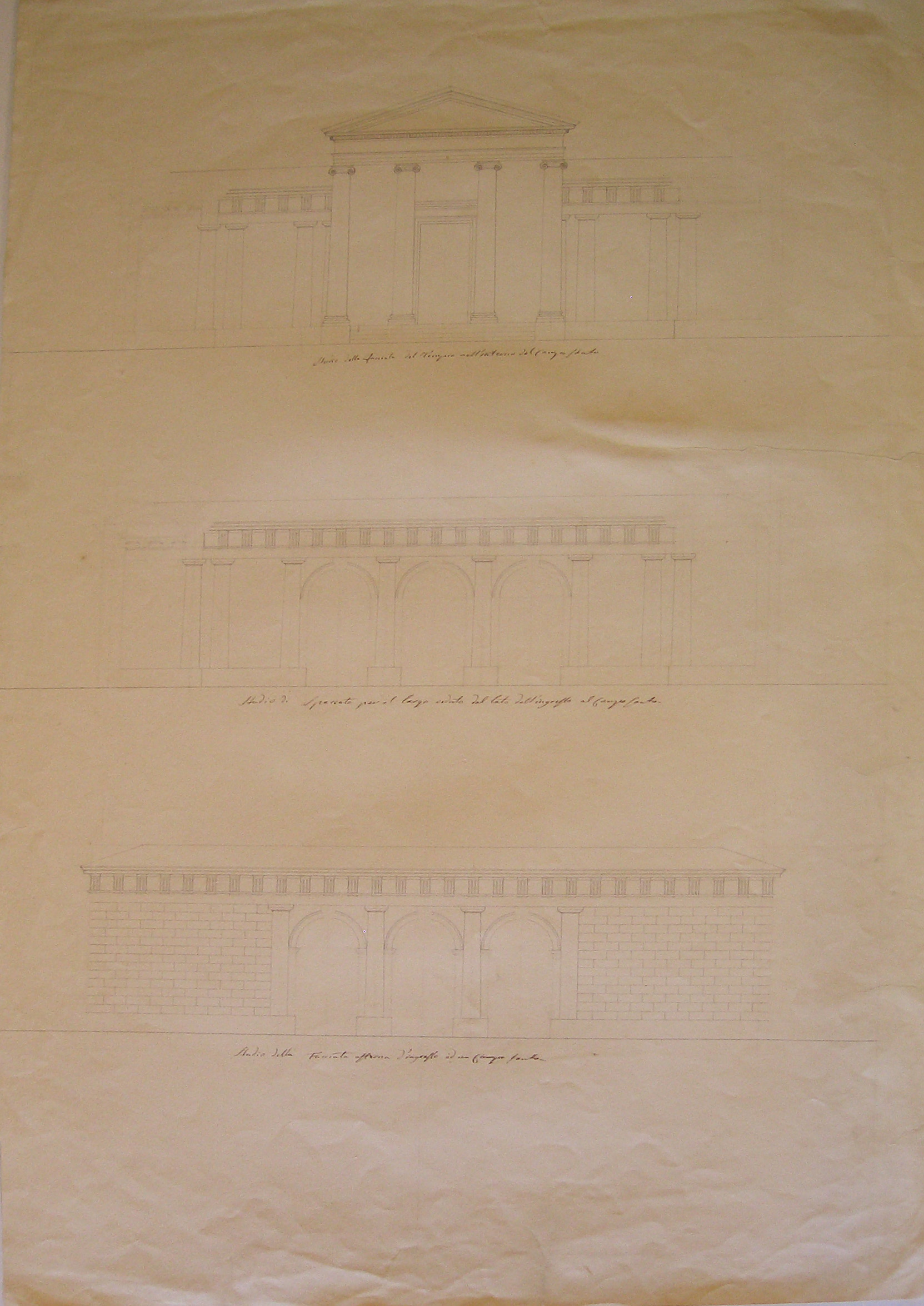 Progetto architettonico: prospetto e sezione di un cimitero (disegno architettonico) di Cagnola Luigi (attribuito) (secc. XVIII/XIX)