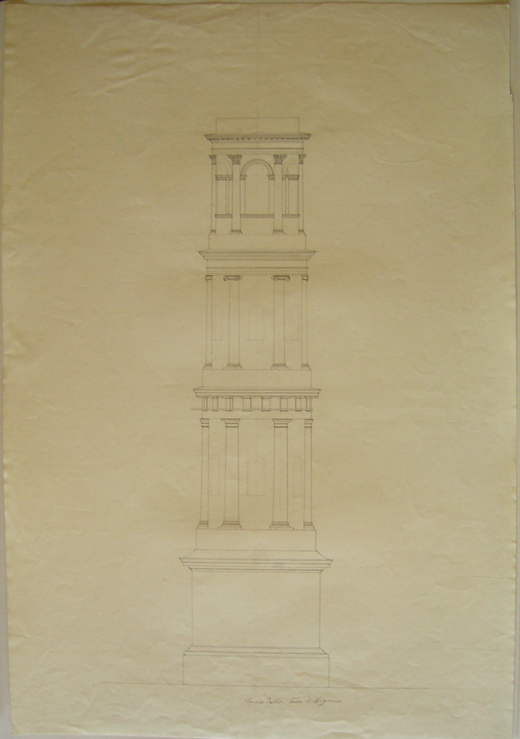 Studio della Torre di Urgnano, Progetto architettonico: studio per una torre campanaria a Urgnano. Prospetto (disegno architettonico) di Cagnola Luigi (sec. XIX)