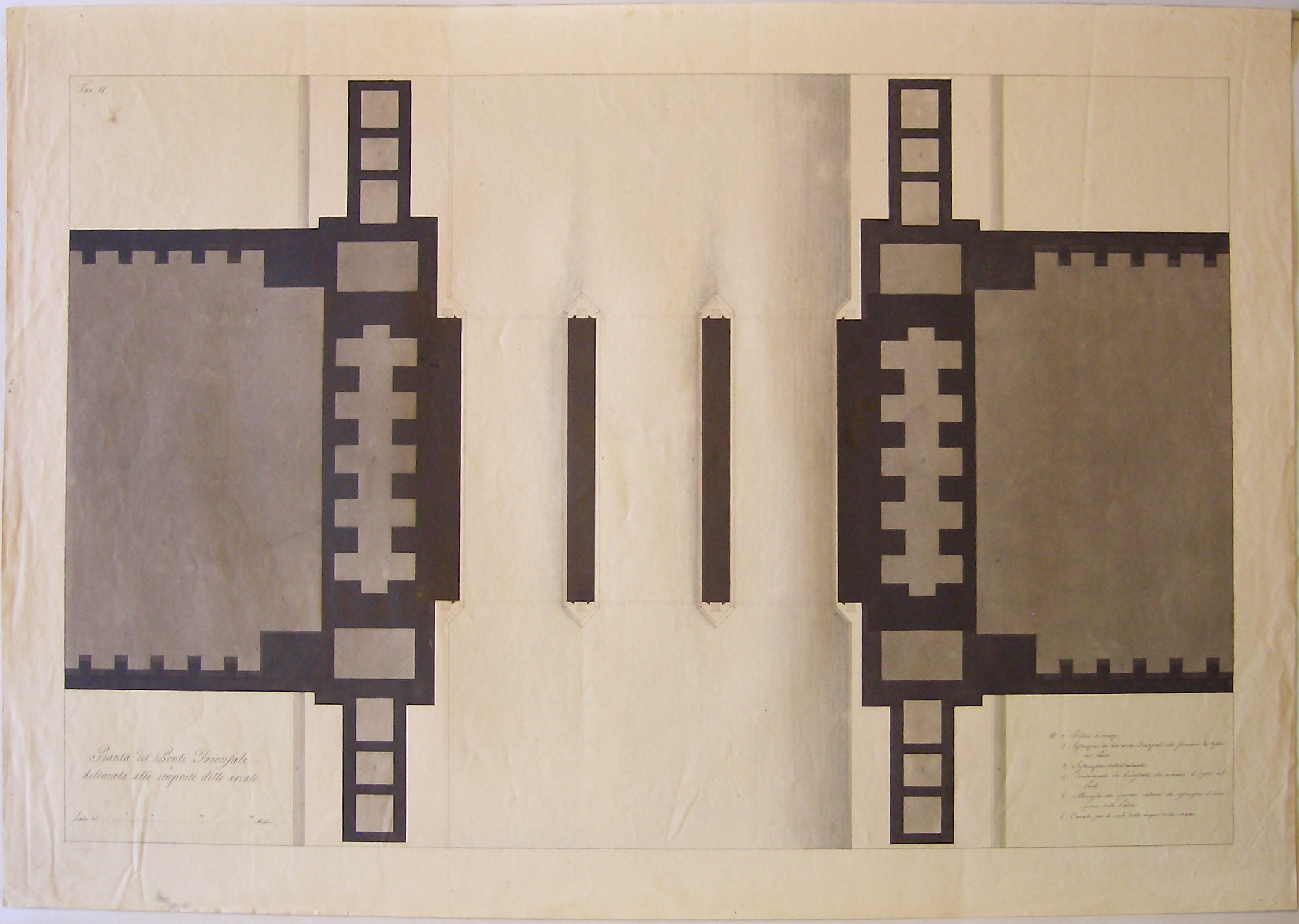 Pianta del ponte trionfale delineata alle imposte delle arcate, Milano. Progetto per un ponte trionfale. Pianta all'imposta delle arcate (disegno architettonico, opera isolata) di Cagnola Luigi (attribuito) (prima metà sec. XIX)