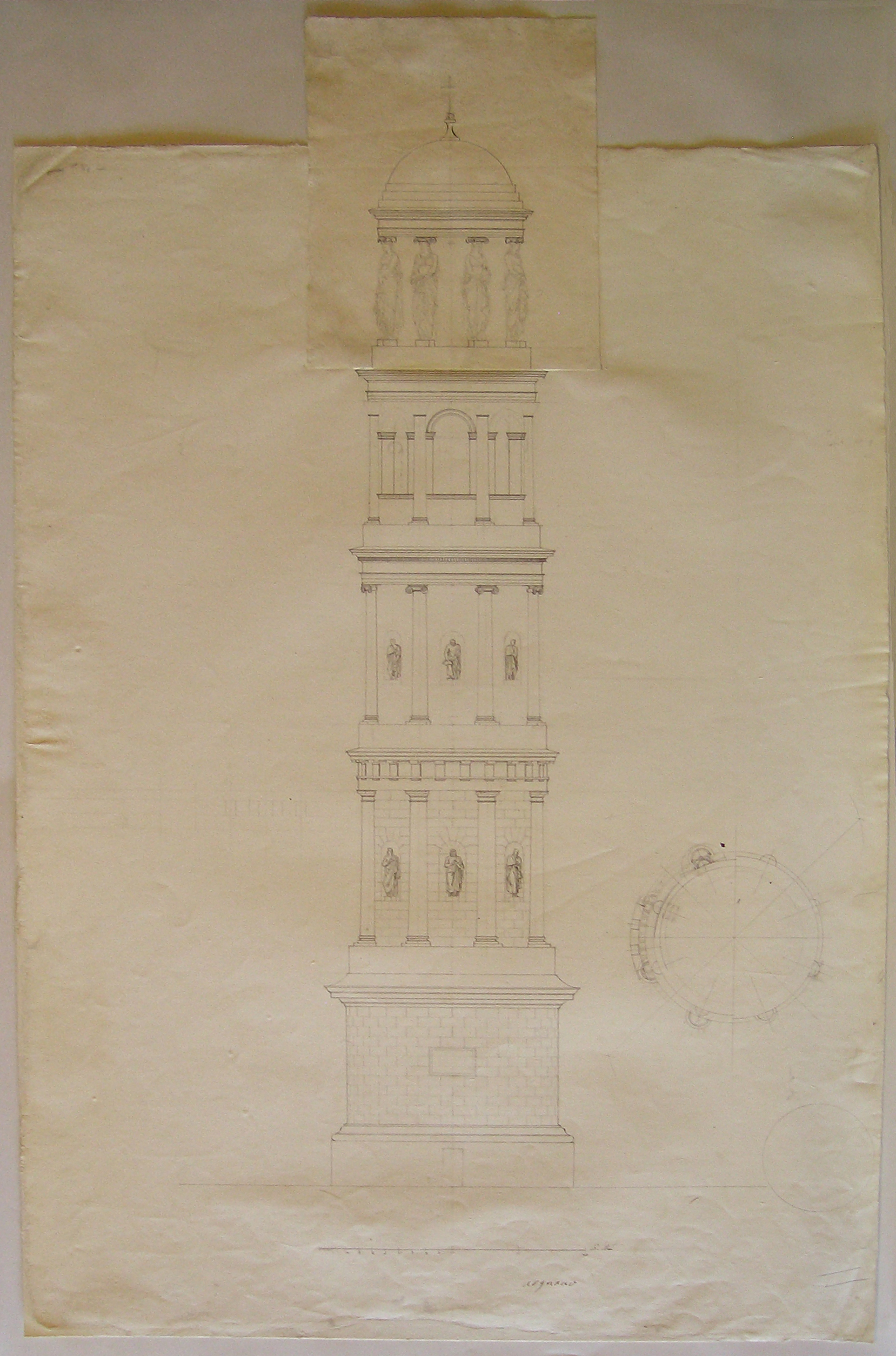 Progetto architettonico: studio per una torre campanaria a Urgnano. Prospetto e pianta (disegno architettonico) di Cagnola Luigi (sec. XIX)