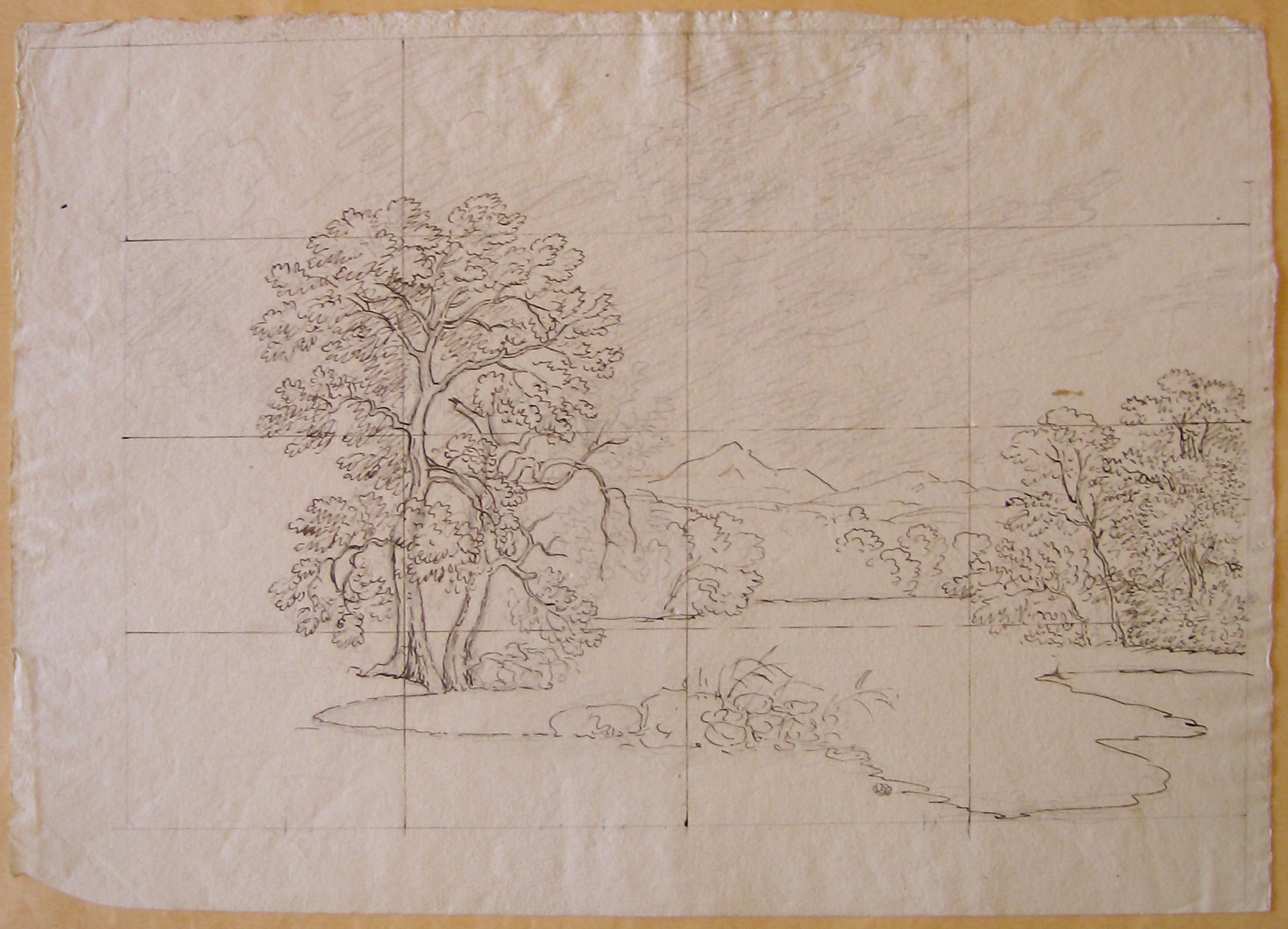 Veduta di paesaggio montano (recto), Studio architettonico (verso) (disegno) di Nava Ambrogio (attribuito) (sec. XIX)
