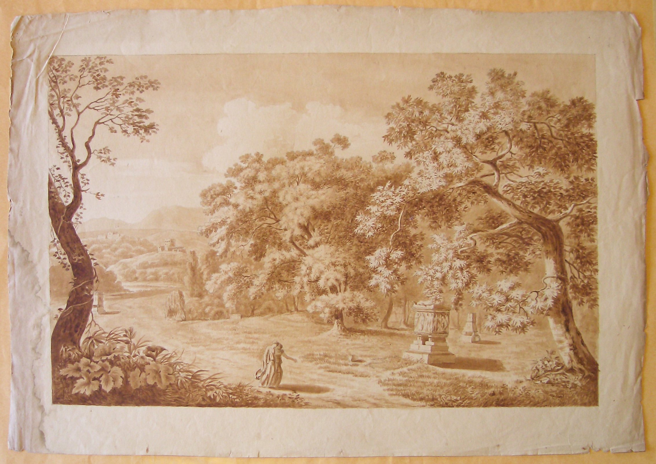 Veduta di paesaggio di campagna con figure e monumenti (disegno) di Nava Ambrogio (attribuito) (sec. XIX)