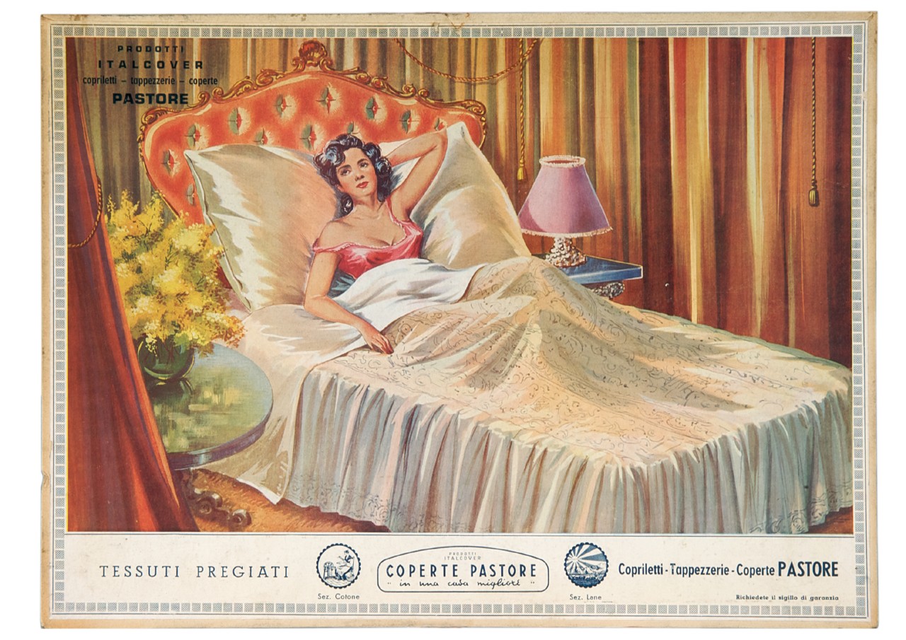 interno con figura femminile sdraiata nel letto (locandina) - ambito italiano (sec. XX)