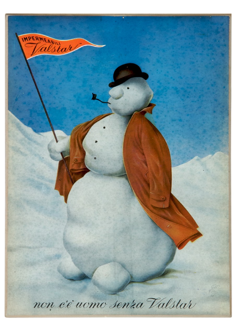 pupazzo di neve in impermeabile e cappello sorregge una bandierina (locandina) di Garretto Paolo Federico (sec. XX)