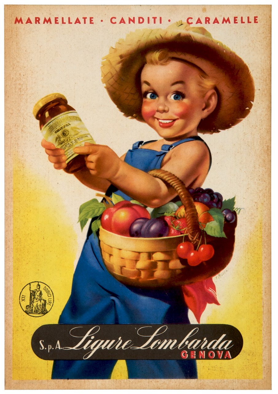 bambino con cappello di paglia regge un cestino colmo di frutta e un barattolo di marmellata (locandina) di Mosca Franco (metà sec. XX)