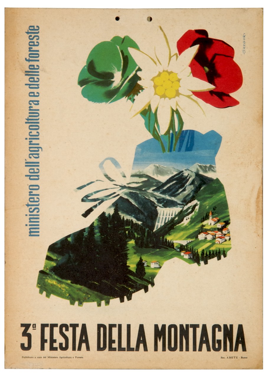 scarponcino con veduta di paesaggio montano e mazzo di fiori tricolore (locandina) di Gregori Nino (sec. XX)