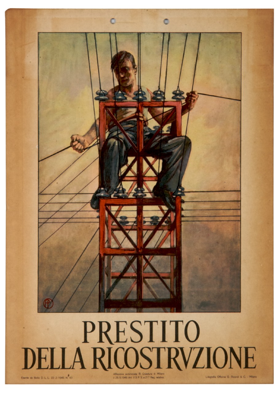 uomo tende i cavi seduto su un traliccio dell'alta tensione (locandina) - ambito italiano (sec. XX)