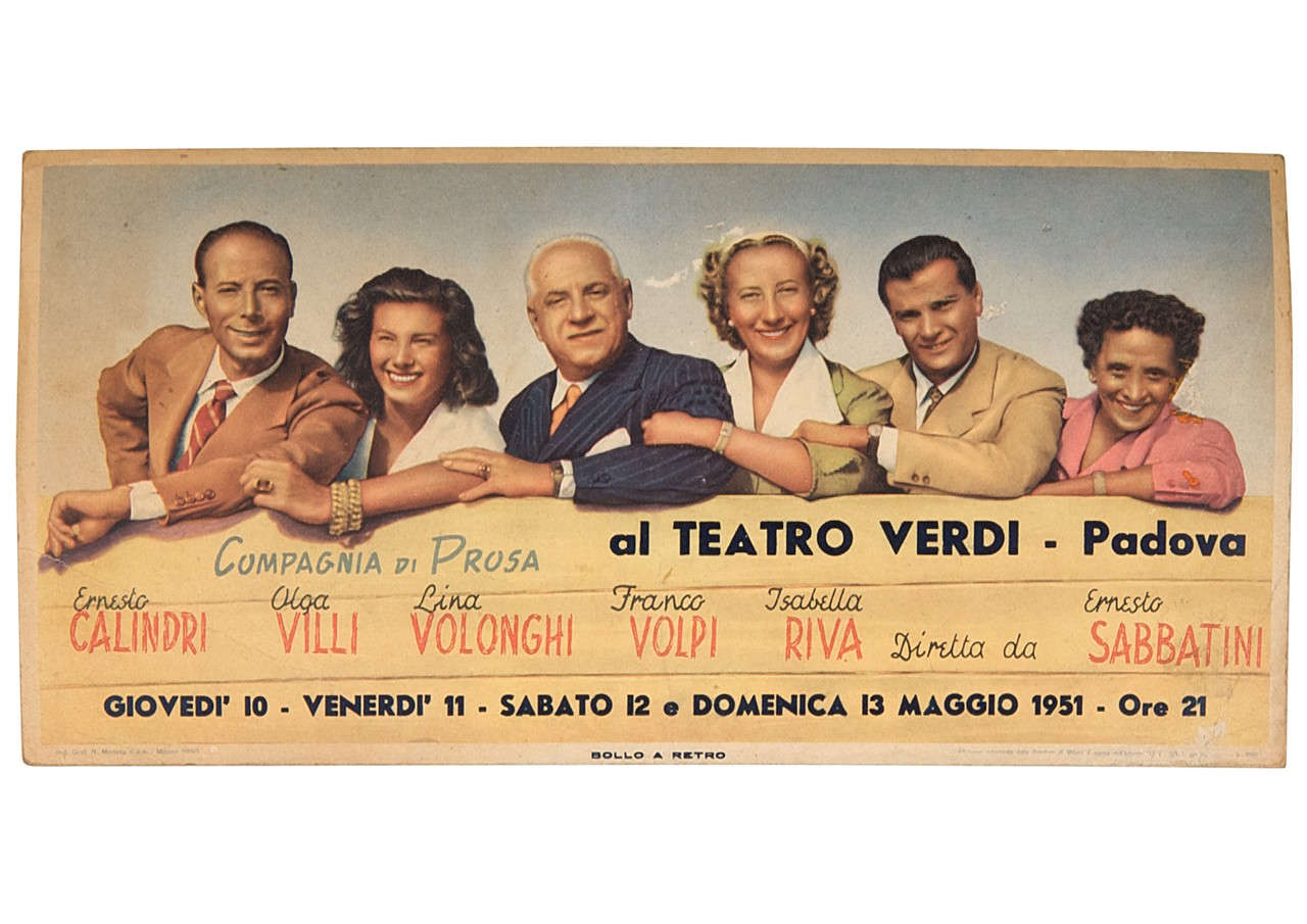 tre attori e tre attrici a mezzo busto posano sorridenti (locandina) - ambito italiano (sec. XX)