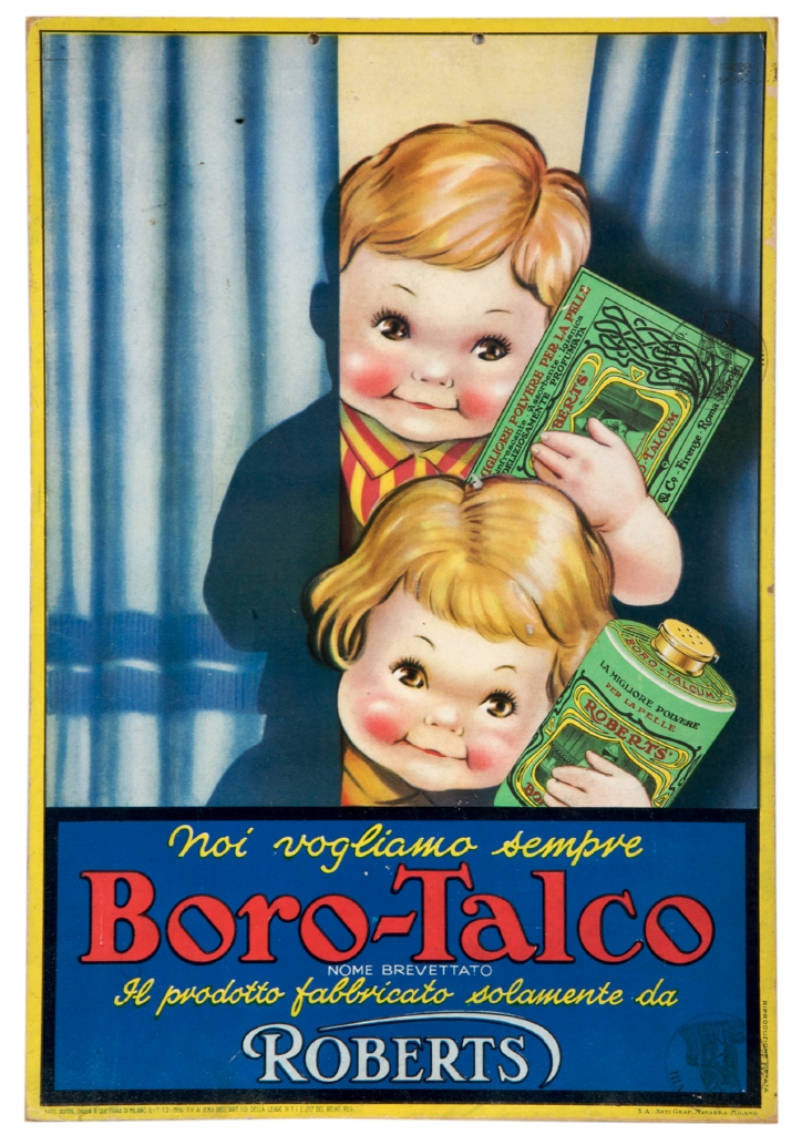 due bambini dietro una tenda con busta e barattolo di borotalco Roberts (locandina) - ambito italiano (sec. XX)