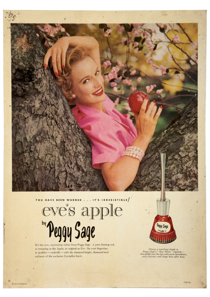 donna con una mela appoggiata tra due rami di un albero (locandina) - ambito inglese (sec. XX)