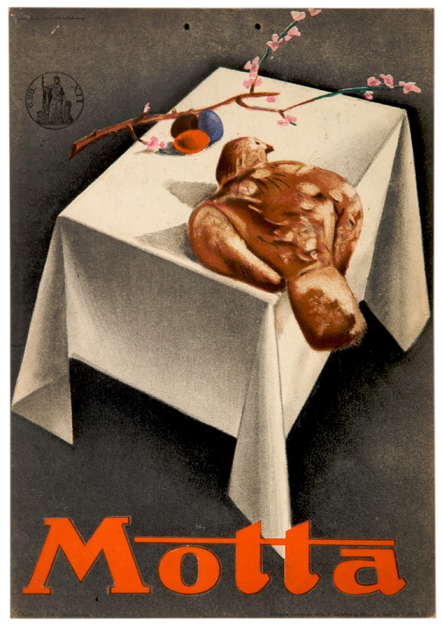 colomba pasquale su una tavola con ramo di pesco e uova (locandina) di Dudovich Marcello (sec. XX)
