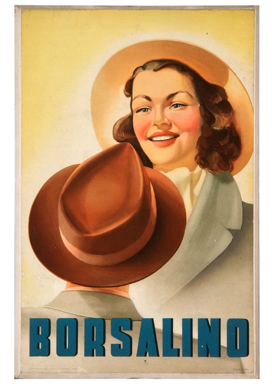 figura femminile sorridente con cappello e uomo con cappello visto di spalle (locandina) - ambito italiano (sec. XX)