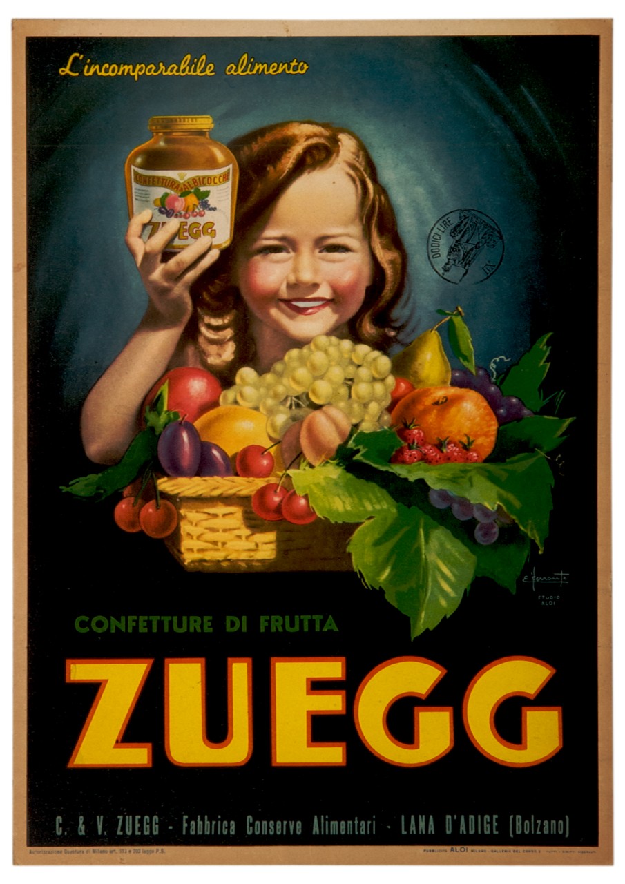 bambina dietro una grande cesta ricolma di frutta solleva un barattolo di marmellata (locandina) di Ferrante Erasmo, Studio Aloi (metà sec. XX)