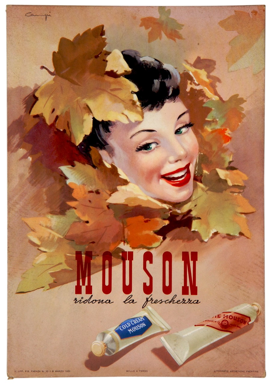viso di giovane donna sorridente, con foglie autunnali e due tubetti di crema (locandina) di Campi Serafino (sec. XX)