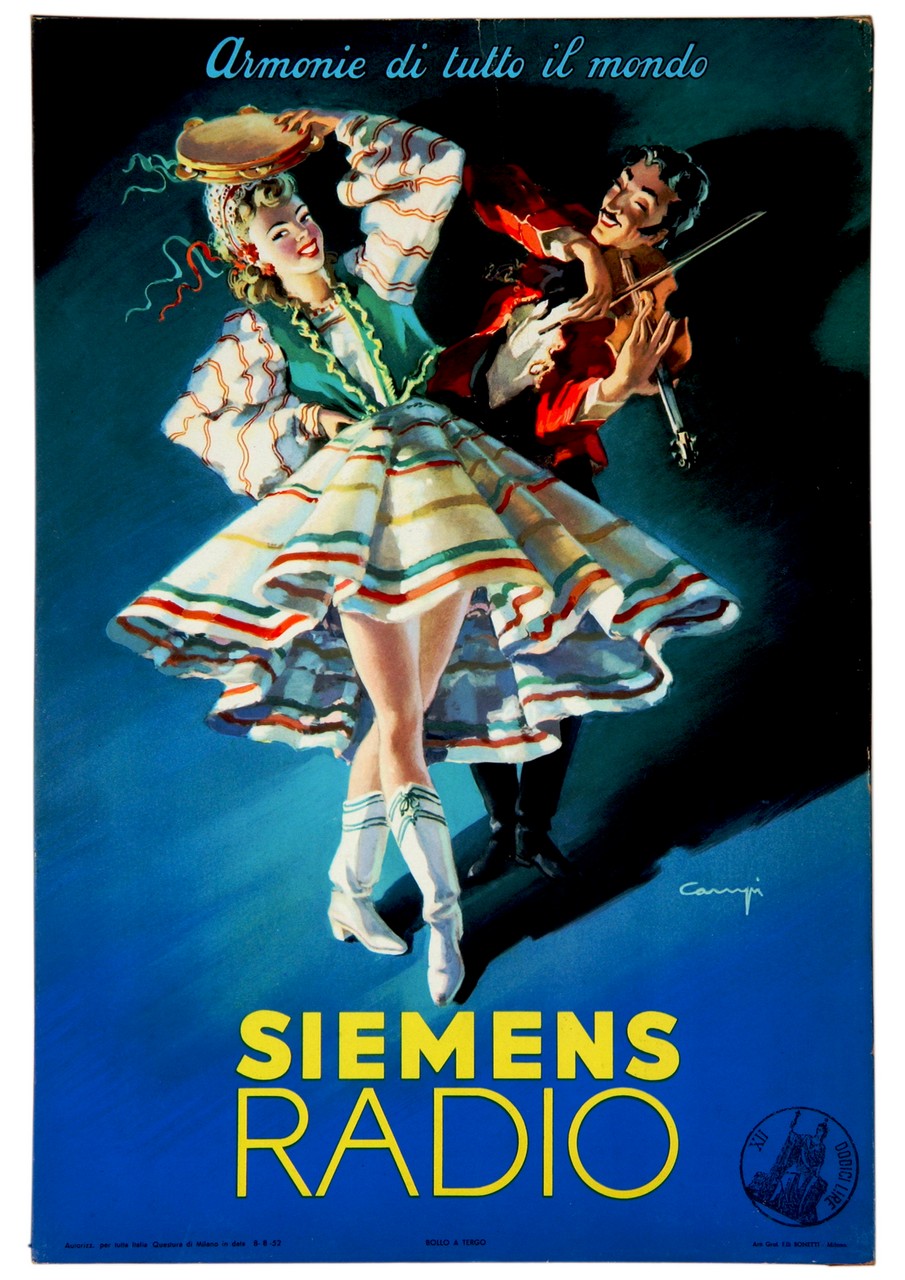 ballerina con tamburello e violinista in costume folcloristico (locandina) di Campi Serafino (sec. XX)