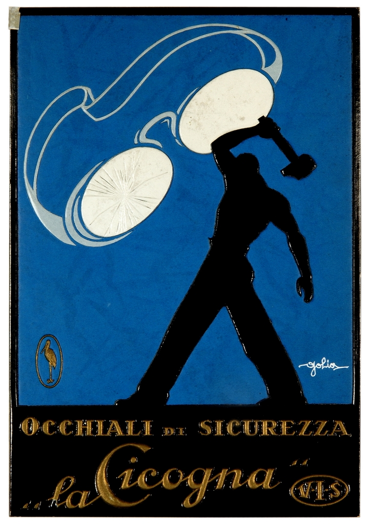 occhiali di sicurezza con silhouette di uomo che solleva un martello (locandina) di Colmo Eugenio detto Golia (sec. XX)