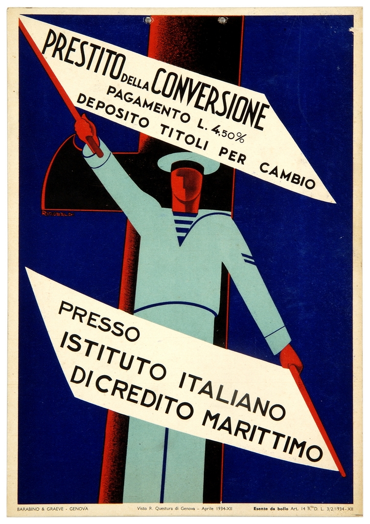 marinaio con bandiere di segnalazione e fascio littorio (locandina) di Riccobaldi Del Bava Giuseppe (sec. XX)