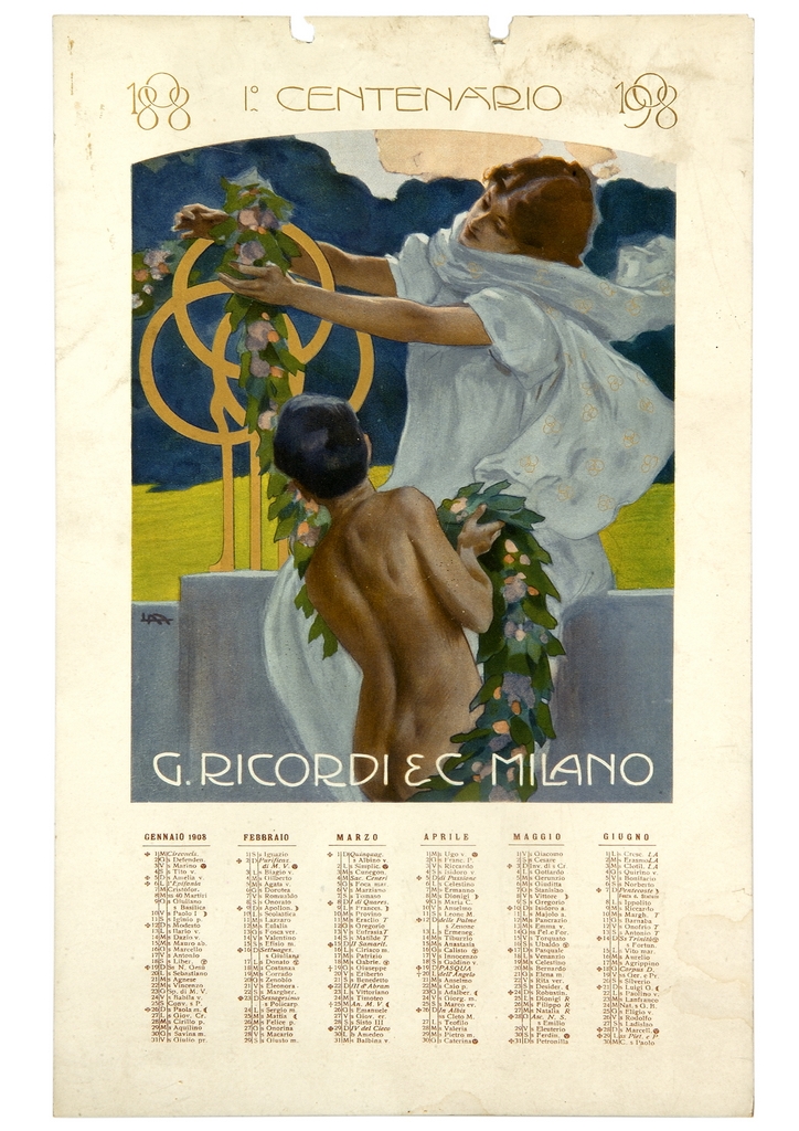 ragazzo nudo di spalle con ghirlanda vegetale e giovane donna che decora un'ara commemorativa (calendario) di Metlicovitz Leopoldo (sec. XX)