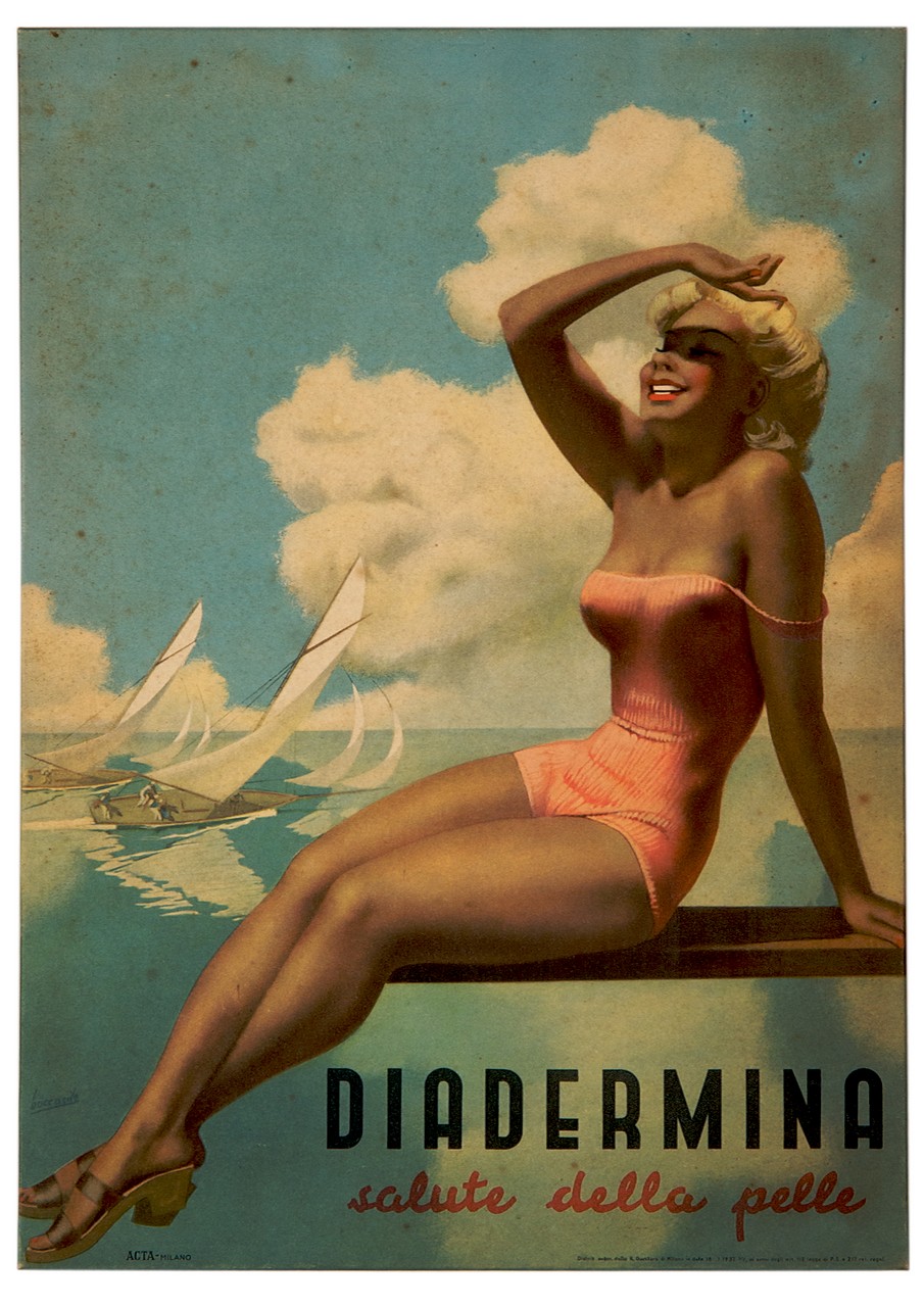 giovane donna in costume da bagno su un molo in riva al mare (locandina) di Boccasile Gino, ACTA (sec. XX)