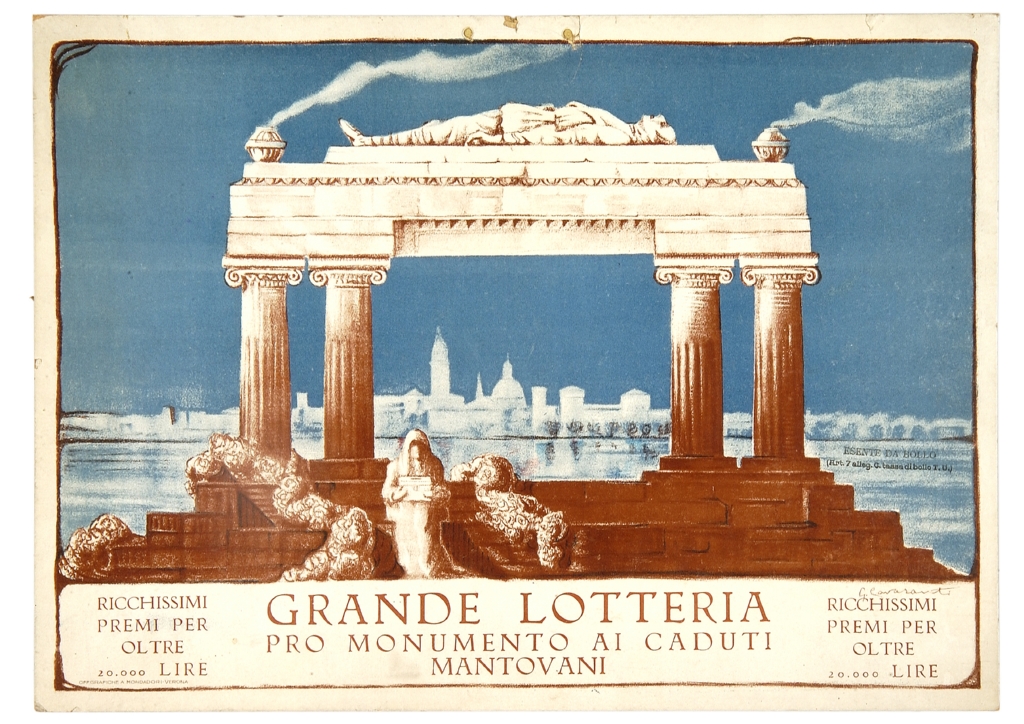 monumento ai caduti mantovani della Prima Guerra Mondiale, sullo sfondo di Mantova (locandina) di Cavasanti Giuseppe (sec. XX)